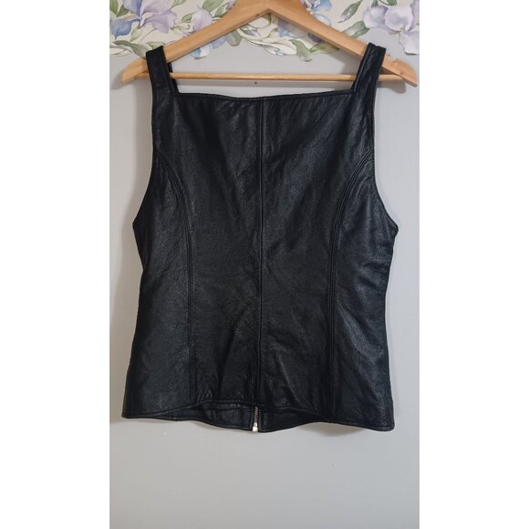 American Born Leather Large Black Zip Biker Lined Vintage Party Riding Vest - Picture 5 of 5